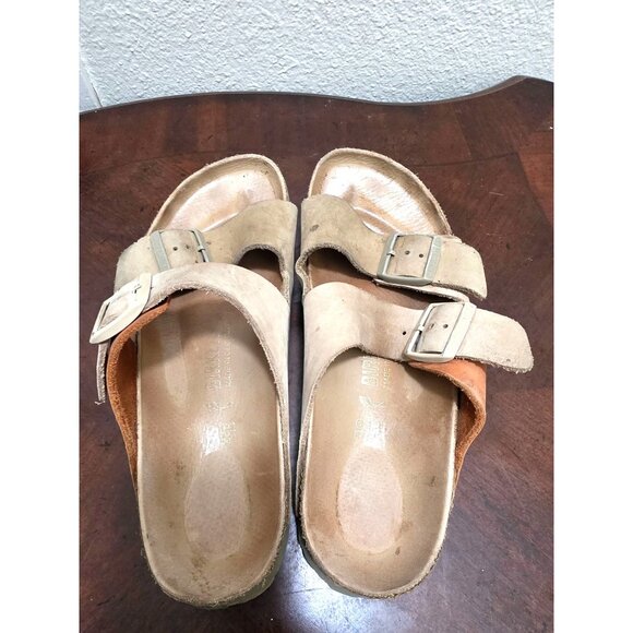 Birkenstock Arizona Beige/Brown Leather Cork Sole Double Strap Buckle Women's Si - Picture 5 of 13